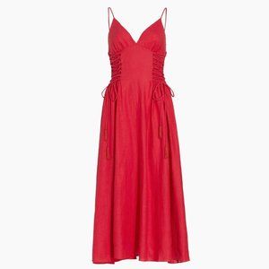 Farm Rio Red Linen-Blend Lace-Up Midi-Dress Size Small